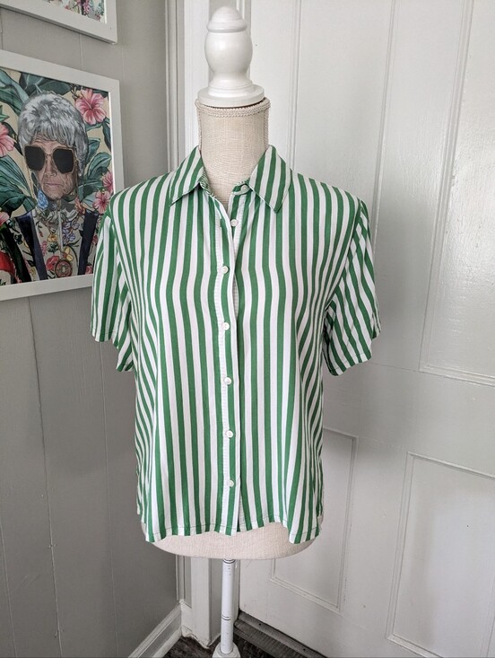 Jane and Delancey Tops - Jane Delancey Green White Striped Button‎ Up Shirt Oversized Small Boxy Relaxed